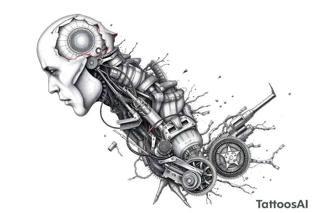 A full sleeve tattoo design The design features a melted skin effect, revealing detailed robotic parts and mechanical components underneath. The melted skin appears torn and organic, seamlessly transitioning to intricate gears, wires, and futuristic machinery beneath, creating a striking fusion of human and robotic elements. tattoo idea