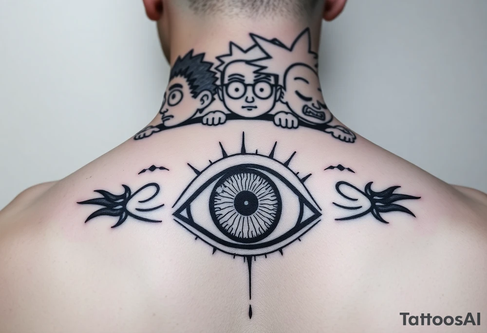 Boondocks Riley Freeman and Huey Freeman on top. in the middle itachi sharingan with one eye having Rick and Morty walking out of it, tattoo idea