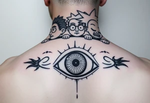 Boondocks Riley Freeman and Huey Freeman on top. in the middle itachi sharingan with one eye having Rick and Morty walking out of it, tattoo idea