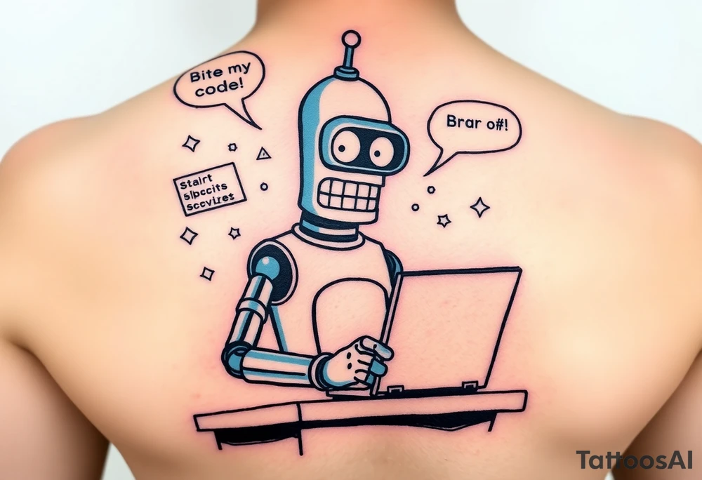 Tattoo design in colorful comic style of a robot inspired by Bender from Futurama, sitting at a desk with a laptop, surrounded by flying error messages and code snippets in C#. Add the quote 'Bite my shiny code!' in speech bubble. Fun, bold, dynamic look for shoulder placement. tattoo idea