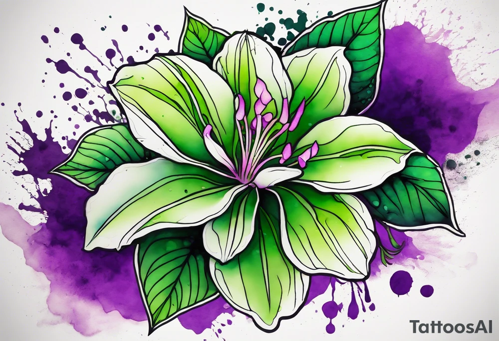 A mystical outline of a green and purple rio dipladenia flower and a green and purple watercolor splash in the background tattoo idea