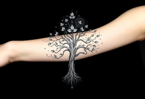 mystical tree of life with cosmic roots and celestial branches with 4 leaf klovers tattoo idea