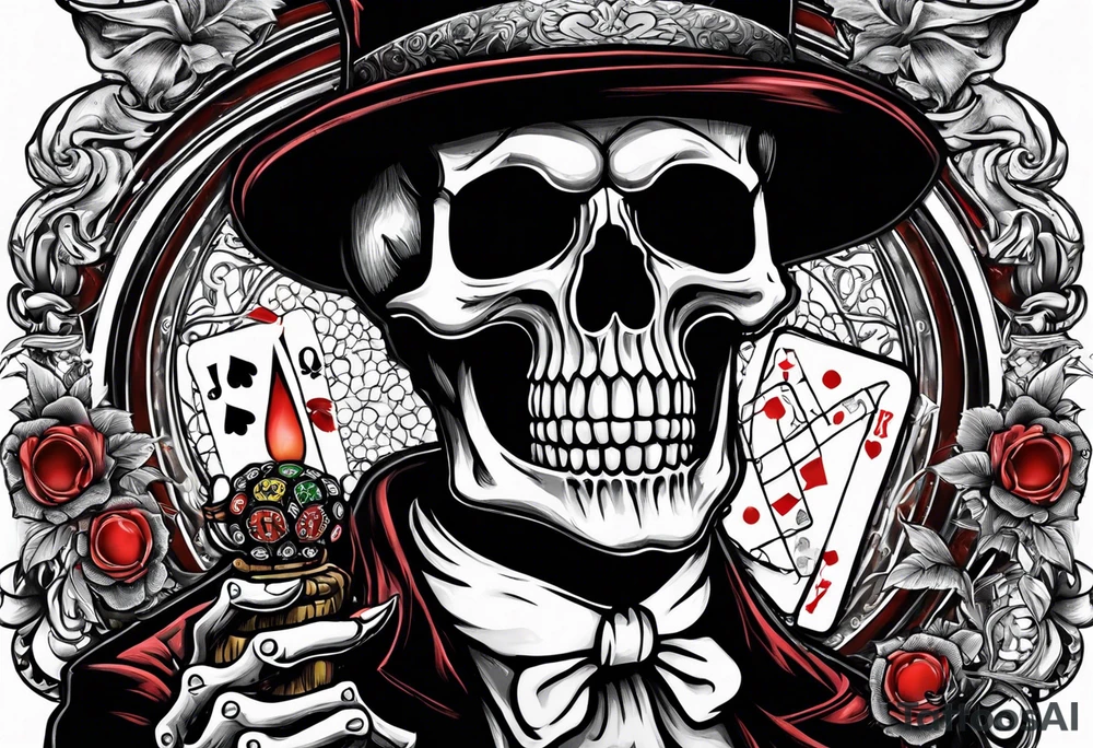 Phrase: "Don't deal with the devil"
skeleton smoking cigar with poker chips, dealing the cards tattoo idea