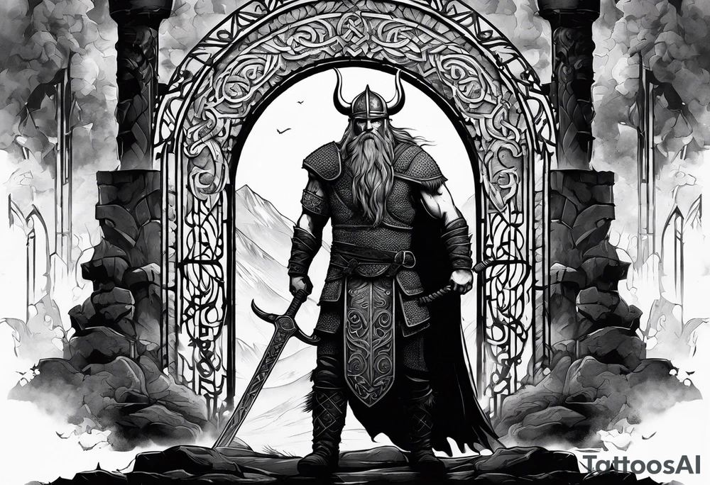A Viking standing in front of the gate to the valhalla. tattoo idea