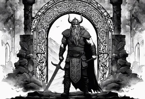 A Viking standing in front of the gate to the valhalla. tattoo idea