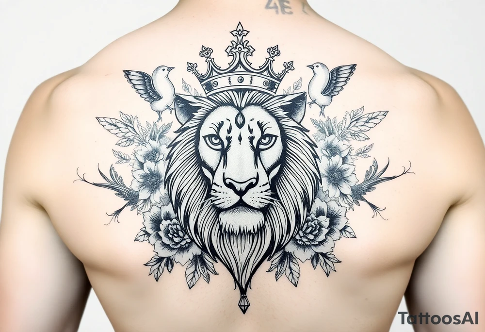 powerful majestic lion with a crown, surrounded by floral ornaments and birds tattoo idea