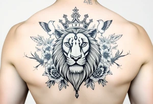 powerful majestic lion with a crown, surrounded by floral ornaments and birds tattoo idea