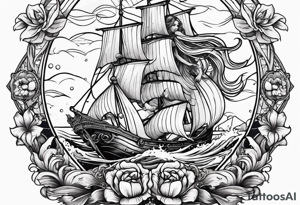 mermaid with galleon ship tattoo idea