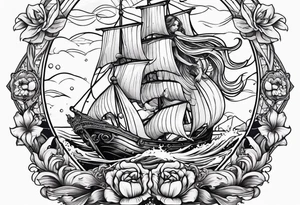 mermaid with galleon ship tattoo idea