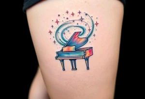 a grand piano under a swirl of stars tattoo idea
