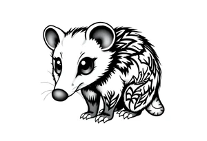 Cute cartoon opossum with anime style eyes, black detailed leg tattoo tattoo idea