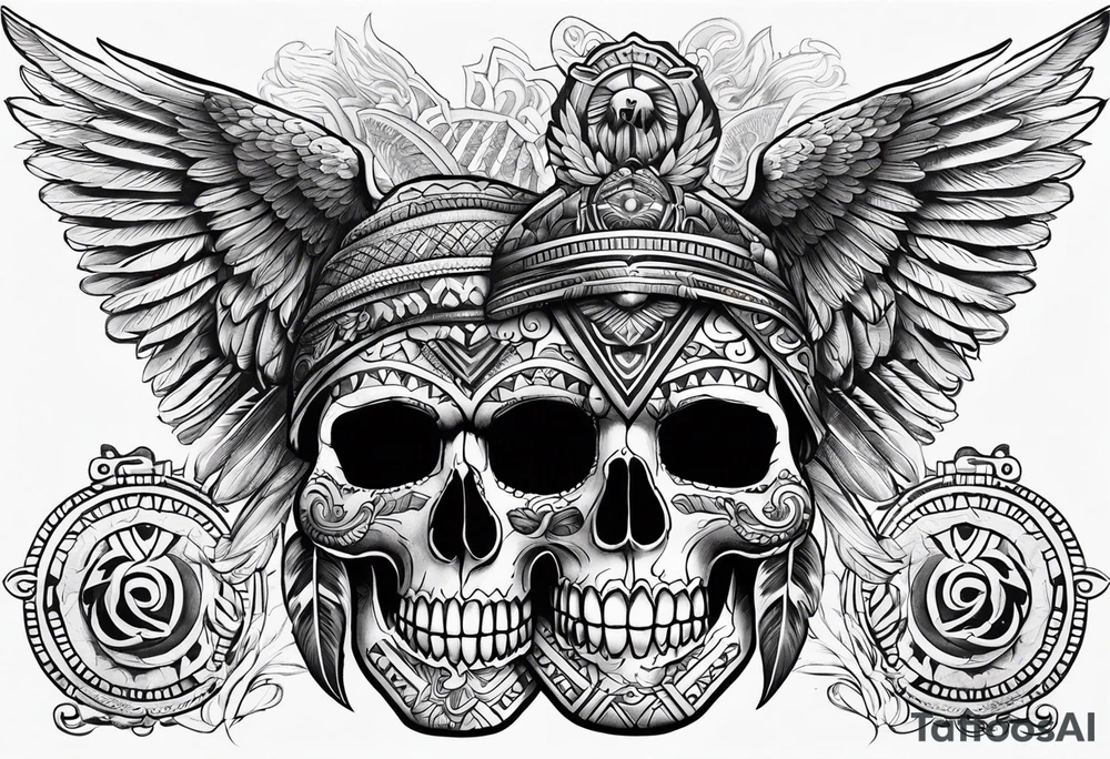 aztec skull tatto, with mexican roots and with eagle or exotic birds in the background with angel wings tattoo idea