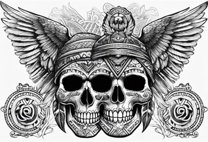 aztec skull tatto, with mexican roots and with eagle or exotic birds in the background with angel wings tattoo idea