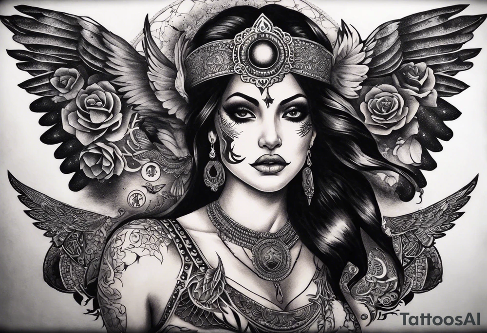 black kali, goddess pirate, alien, angel, pachamama, valkrye, warrior, flying, skull, lotus azul, wing, eagle, zenza resonance, stars, 5D, anahata chakra, death, durga, riding on a tiger, flying lady, kundalini, chest tatoo, rebel tattoo idea
