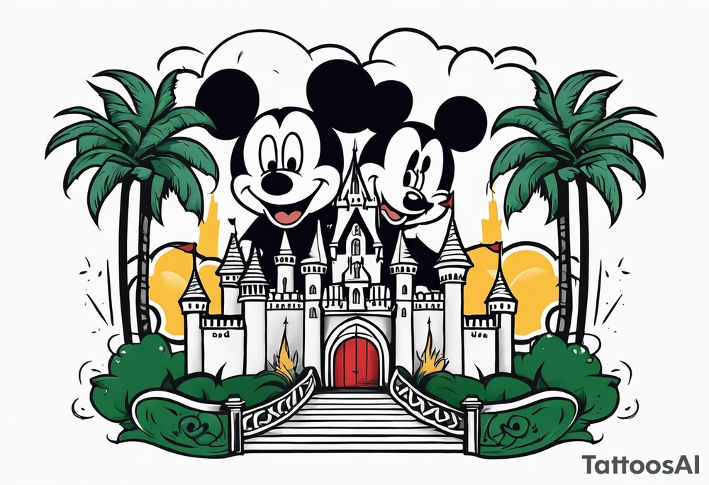 disney castle with a lightning storm palm trees and a mickey mouse and celtic symbol for family tattoo idea