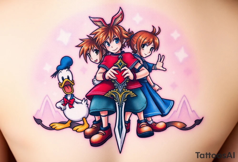 Kingdom Hearts tattoo design featuring Sora, Kairi, Riku, Donald, and Goofy from the game, together in a dynamic, united pose. The centerpiece should include the Heartless Keyblade, with a beautiful and ethereal Kingdom Hearts-inspired background—think glowing stars, floating islands, and stained-glass elements in backroung. The design should capture themes of friendship, light vs. darkness, and adventure. Style should be detailed, fantasy-oriented, and suitable for a large piece tattoo idea