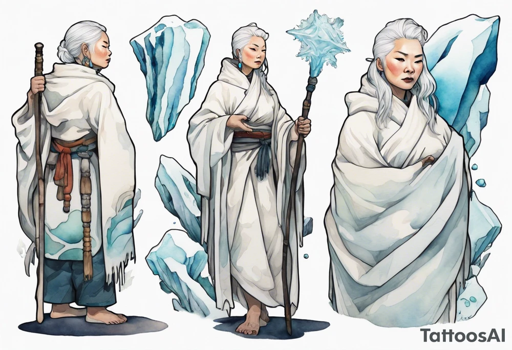 a 40 year old Inuit woman with white hair and a white robe holding a white staff, standing on an iceberg tattoo idea