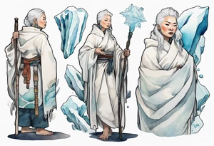 a 40 year old Inuit woman with white hair and a white robe holding a white staff, standing on an iceberg tattoo idea