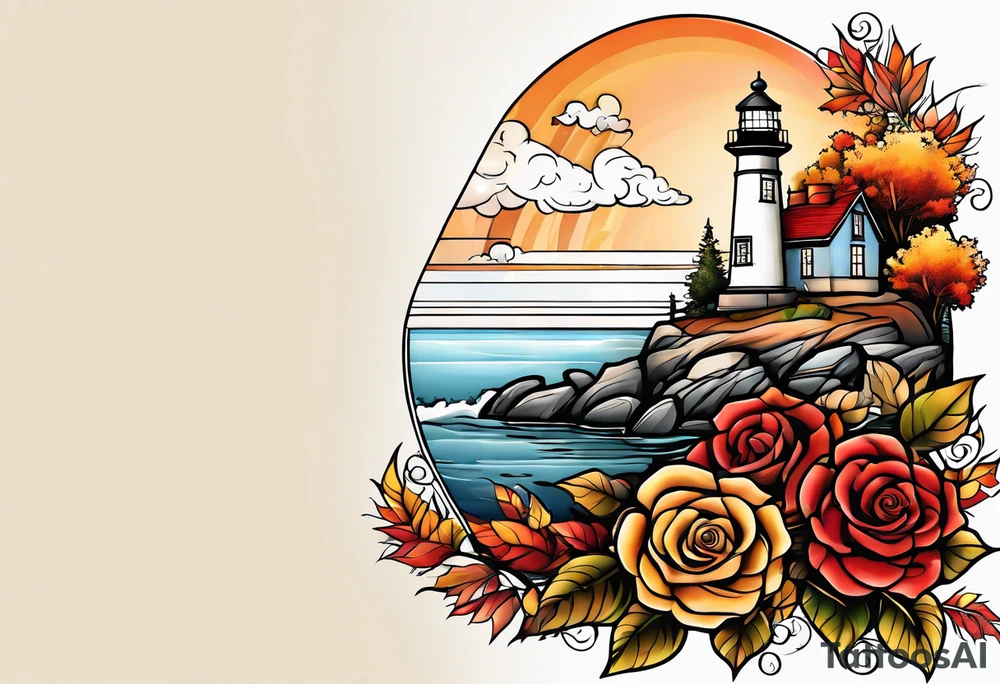 thigh placement in fall colors, showing, light house, water, rocks, sky, clouds, leaves, roses tattoo idea