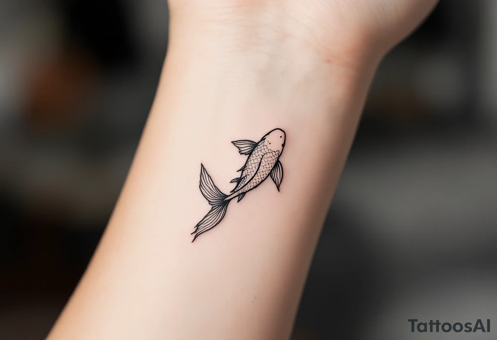 Delicate tiny fish tattoo — a single, 2 cm‑long koi silhouette swimming upward, inked in soft charcoal gray with a subtle watercolor wash of muted coral along the fins and a whisper of pale teal on the tail, conveying quiet resilience and flow. tattoo idea