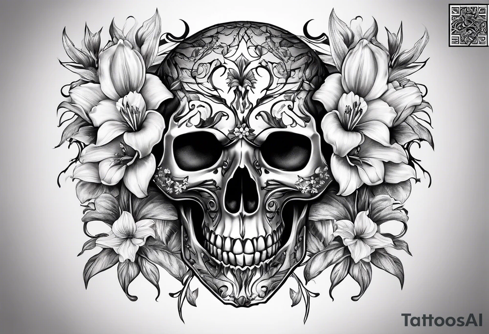 A Bulls skeleton head with lily if the valley flowers growing out of eyes tattoo idea