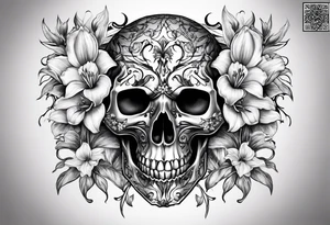 A Bulls skeleton head with lily if the valley flowers growing out of eyes tattoo idea