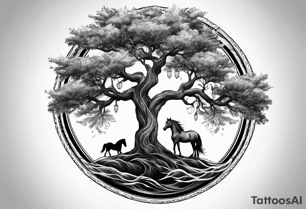 Realistic Horse and Yggdrasil tree tattoo idea