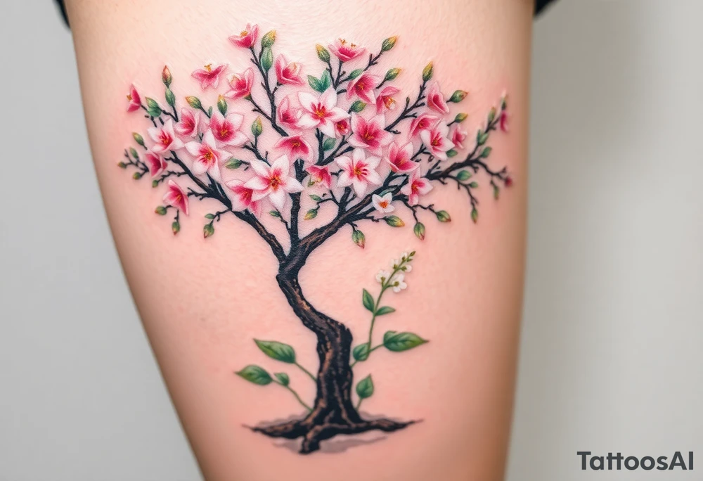 Flowering hawthorne tree with white lilly of the vally bell plants planted by  tree tattoo idea