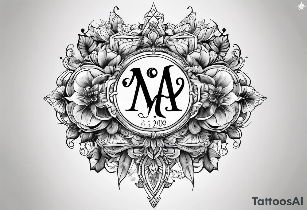 a line with no color inside with a M, A and P with number 13, 10 and 20 tattoo idea