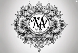 a line with no color inside with a M, A and P with number 13, 10 and 20 tattoo idea