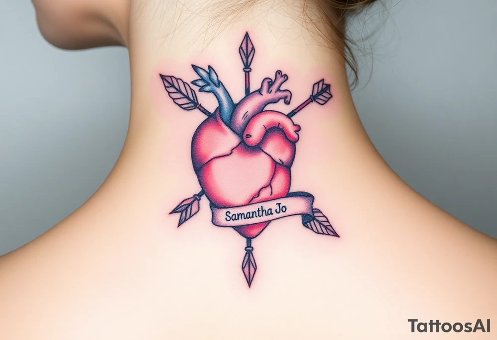 anatomical heart pierced by ornate arrow with flowing ribbons with the name Samantha Jo tattoo idea