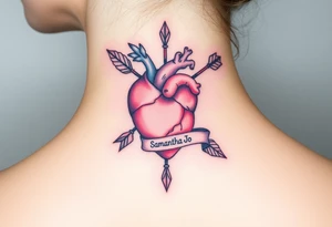 anatomical heart pierced by ornate arrow with flowing ribbons with the name Samantha Jo tattoo idea