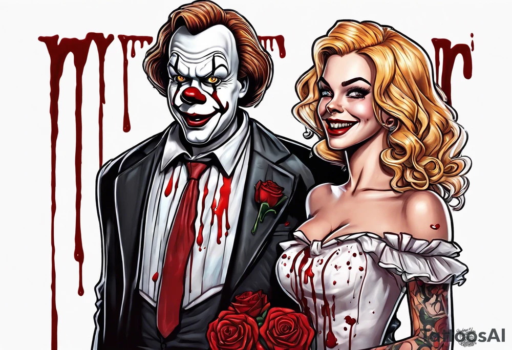 cartoony with Stephen king’s blond Carrie in a prom dress covered in blood looking happy standing next to Stephen king’s pennywise in a 70s prom suit looking happy standing together in a prom photo pose tattoo idea