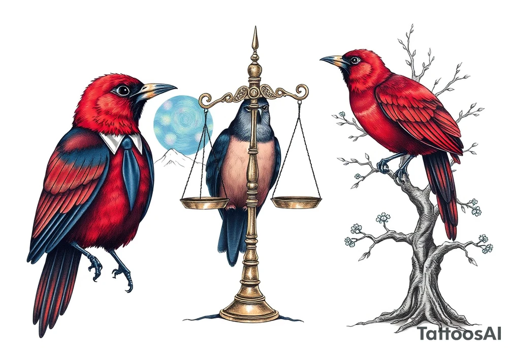 one of the birds red wearing a suit, other bird navy blue with glasses or holding a book, scales of justice built into a tree, starry night painting and mountain background tattoo idea