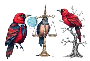 one of the birds red wearing a suit, other bird navy blue with glasses or holding a book, scales of justice built into a tree, starry night painting and mountain background tattoo idea