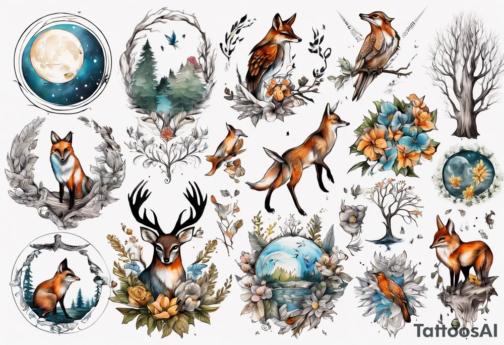 wasser, sonne, mond, fuchs, eule kolibri, wald, hirsch, blume des lebens, 
baum, berlin tattoo idea