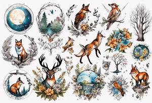 wasser, sonne, mond, fuchs, eule kolibri, wald, hirsch, blume des lebens, 
baum, berlin tattoo idea