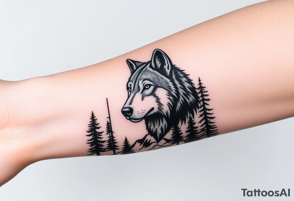 Tall pine trees surrounding a large wolf head over the treeline tattoo idea