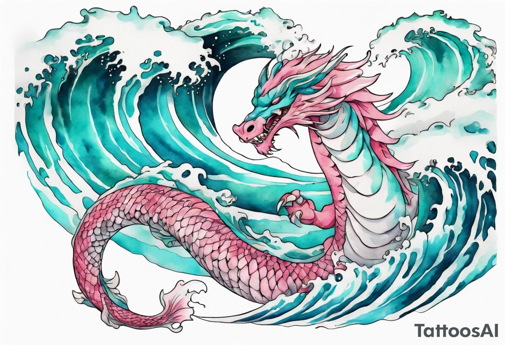 a beautiful turquoise pink and white sea  Fafnir rising from the waves of the ocean tattoo idea