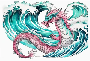 a beautiful turquoise pink and white sea  Fafnir rising from the waves of the ocean tattoo idea