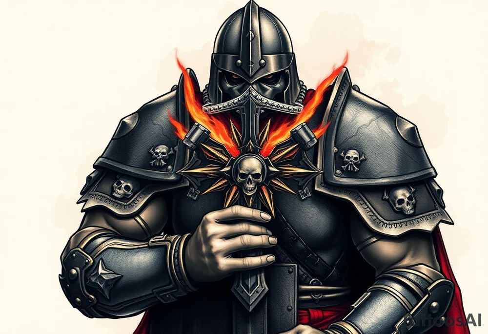 Warhammer, the Old World. A warrior priest of Sigmar holding The Warhammer of Sigmar. The Warhammer of Sigmar is radiating thunderous energy. The Warhammer is held by the warrior priest with both hands upon his chest level. The Warrior priest is wearing dark alloyed heavy armour with skull sigils on his shoulder pads. The warrior priest is wearing a helmet, while the helmets front visor has an humanoid face covering. The helmet and armour are gladened with hints of gold and crimson red. tattoo idea