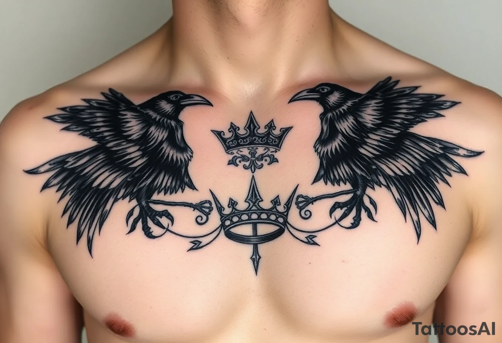 Chest tattoo, two ravens and icelandic symbols, dark brest tattoo, crown betwen ravens tattoo idea