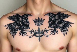Chest tattoo, two ravens and icelandic symbols, dark brest tattoo, crown betwen ravens tattoo idea