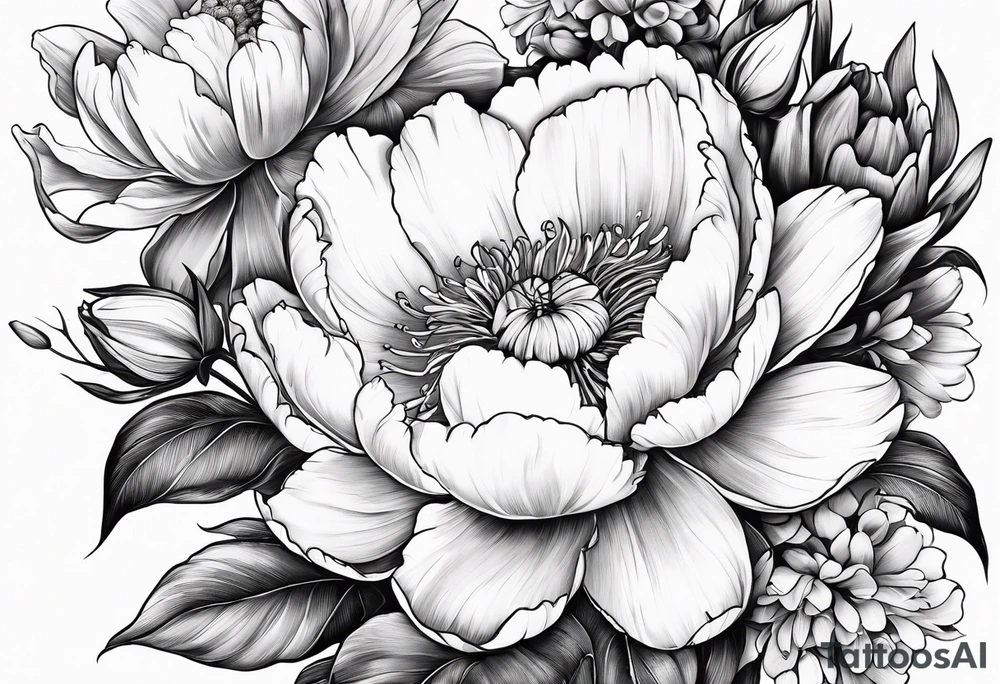 One flower of Peony, tulip, sunflower, cherry blossom and Lily bouquet tattoo idea