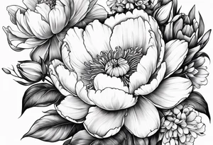 One flower of Peony, tulip, sunflower, cherry blossom and Lily bouquet tattoo idea