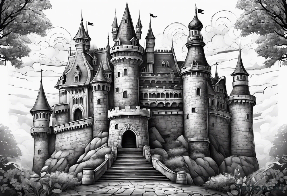 A Castle that has legs and arms on the walls tattoo idea