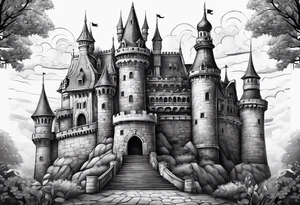 A Castle that has legs and arms on the walls tattoo idea