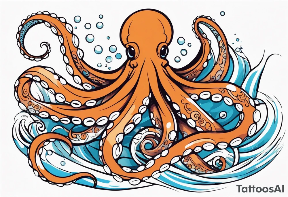 Tribal half sleeve. octopus surrounded by ribbons of water waves filled with fish. the octopus has small eyes. Use thick lines only with less detail. tattoo idea