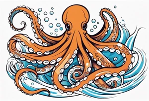 Tribal half sleeve. octopus surrounded by ribbons of water waves filled with fish. the octopus has small eyes. Use thick lines only with less detail. tattoo idea