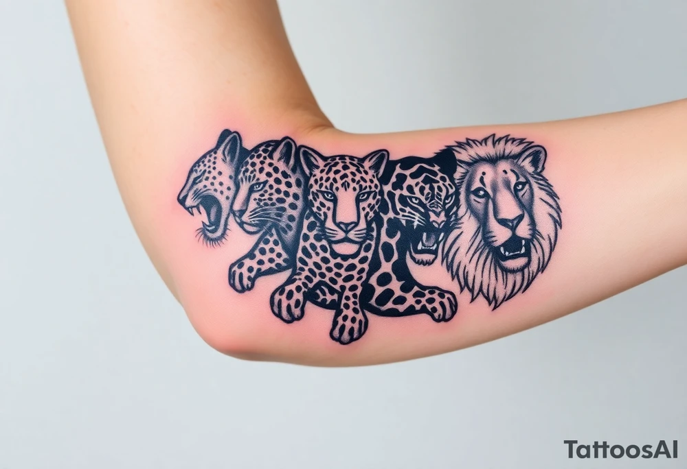 old school style montage of these 5 big cats:
a leopard , a cheetah , a jaguar, a black panther and a lion - as a wrap around bracelet style - about 3 inches each cat - on my upper right arm right above the elbow tattoo idea